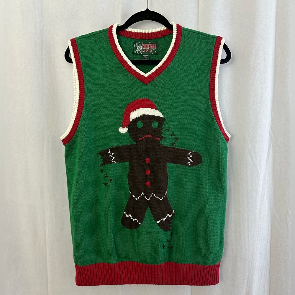 Ugly Christmas Sweater Green V-Neck with Festive Gingerbread